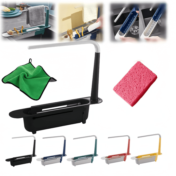 Updated Telescopic Sink Storage Rack, Adjustable Length Sink Rack Holder for Home Kitchen, Telescopic 2-in-1 Sink Storage Rack Holder , Drainer Sink Tray Sponge Soap Holder (Black)