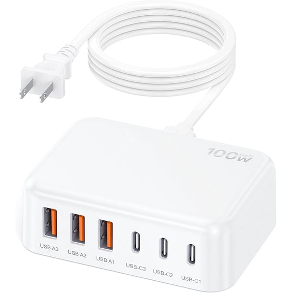 Updated USB C Fast Charger Block, 100W GaN 6 Port PD QC A Wall Adapter Plug Cube, Type Charging Station Hub for iPhone 17 16 15 14 13 Pro Max iPad Samsung Pixel 5ft Extension Cord