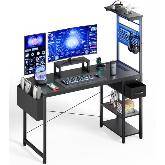 Upgo 47" Gaming Desk with Adjustable Storage Rack & LED Lights, Power Outlets for Adult and Teen,black border