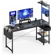 Upgo 55 Gaming Desk with Adjustable Storage Rack & LED Lights, Power Outlets for Adult and Teen