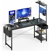 Upgo 55 Gaming Desk with Adjustable Storage Rack & LED Lights, Power Outlets for Adult and Teen