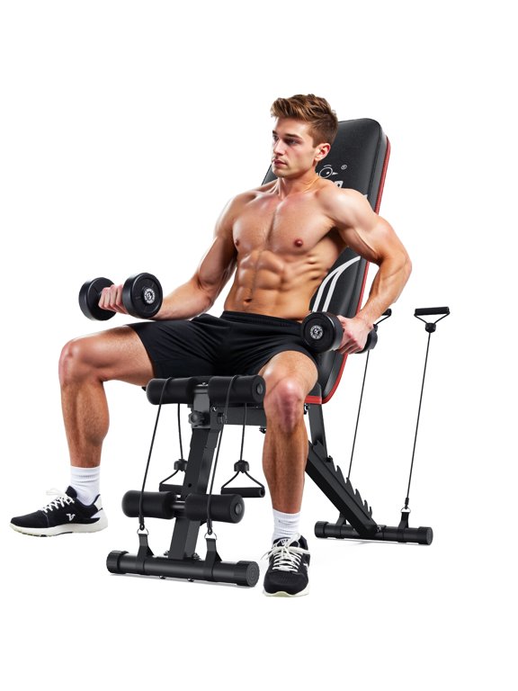Adjustable Folding Weight Bench for Home Gym, Includes Resistance Bands