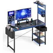 Upgo 47" Gaming Desk with Adjustable Storage Rack & LED Lights, Power Outlets for Adult and Teen,Blue border