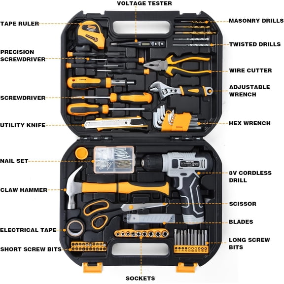 Upgradd 180 Piece Tool Set - Tool Box with 8V Cordless Drill, Hand Drill Set for Men & Women, Home Tool Kit with Hand Tools for House Repair, DIYers, Homeowners & Handymen