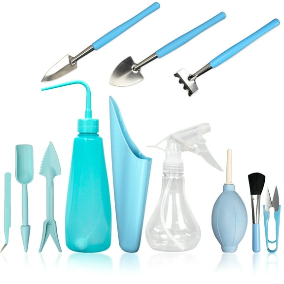 Upgrade 12 Pieces Succulent Plant Tools, Mini Planting/Transplanting Gardening Tool Set for Indoor Miniature Garden Plant Care(Blue)