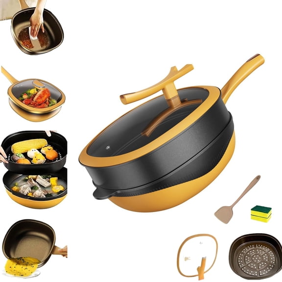 Upgrade 12in Titanium Alloy Non-stick Pot with Lid and Steamer, Multipurpose Deep Saute Pan, Titanium Frying Pan Cookware for Frying, Baking and Home Cooking