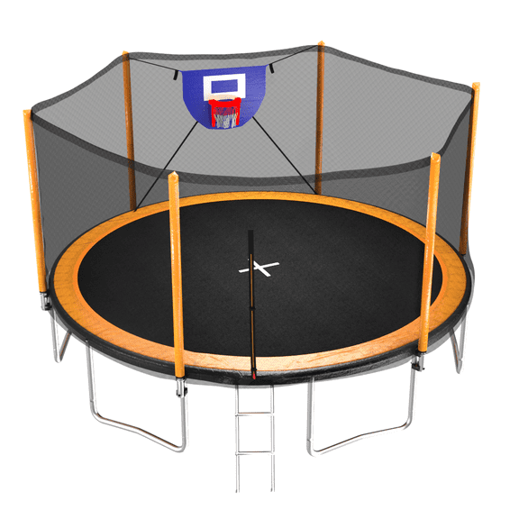 Upgrade- 14FT Trampoline with Basketball Hoop Inflator and Ladder(Outer Safety Enclosure) Orange-A+B