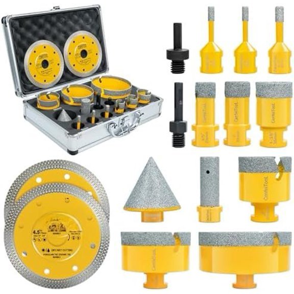 Upgrade 15 count Tile Hole Kit: Tile Drill Bits 5/8-11 6/6/8/20/25/35/50/75/100mm, Disc/Finger Bit/Chamfer Bit/ Adapter, Core Drill Bits Set, Ceramic Tile Porcelain Granite
