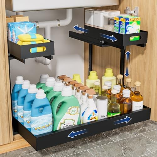 Upgrade 2 Tier Under Sink Organizer with 3 Slide Rails, Metal Under Cabinet Storage Expandable 15"-25" W & Height Adjustable, Thickened Pull Out Shelf for Bathroom, Kitchen, Laundry, Pantry