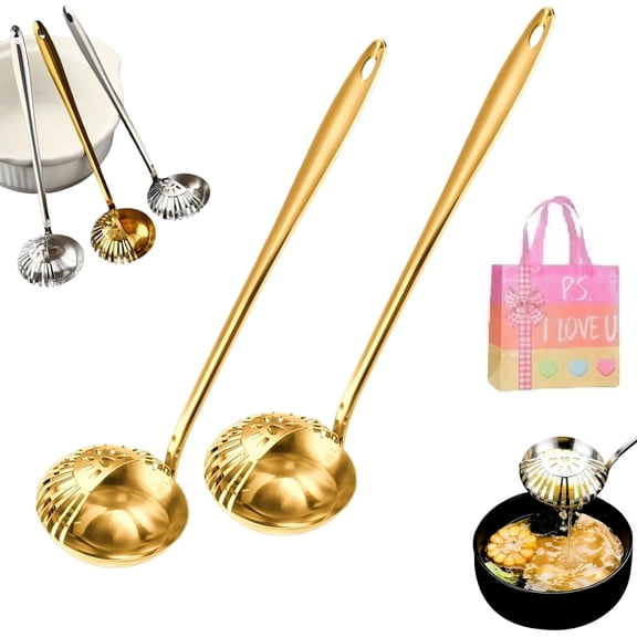 Upgrade 2-in-1 Stainless Steel Strainer Ladle - Dual Purpose Soup Colander for Hot Pot, Home & Restaurant Use (2 Pack, Gold)Z