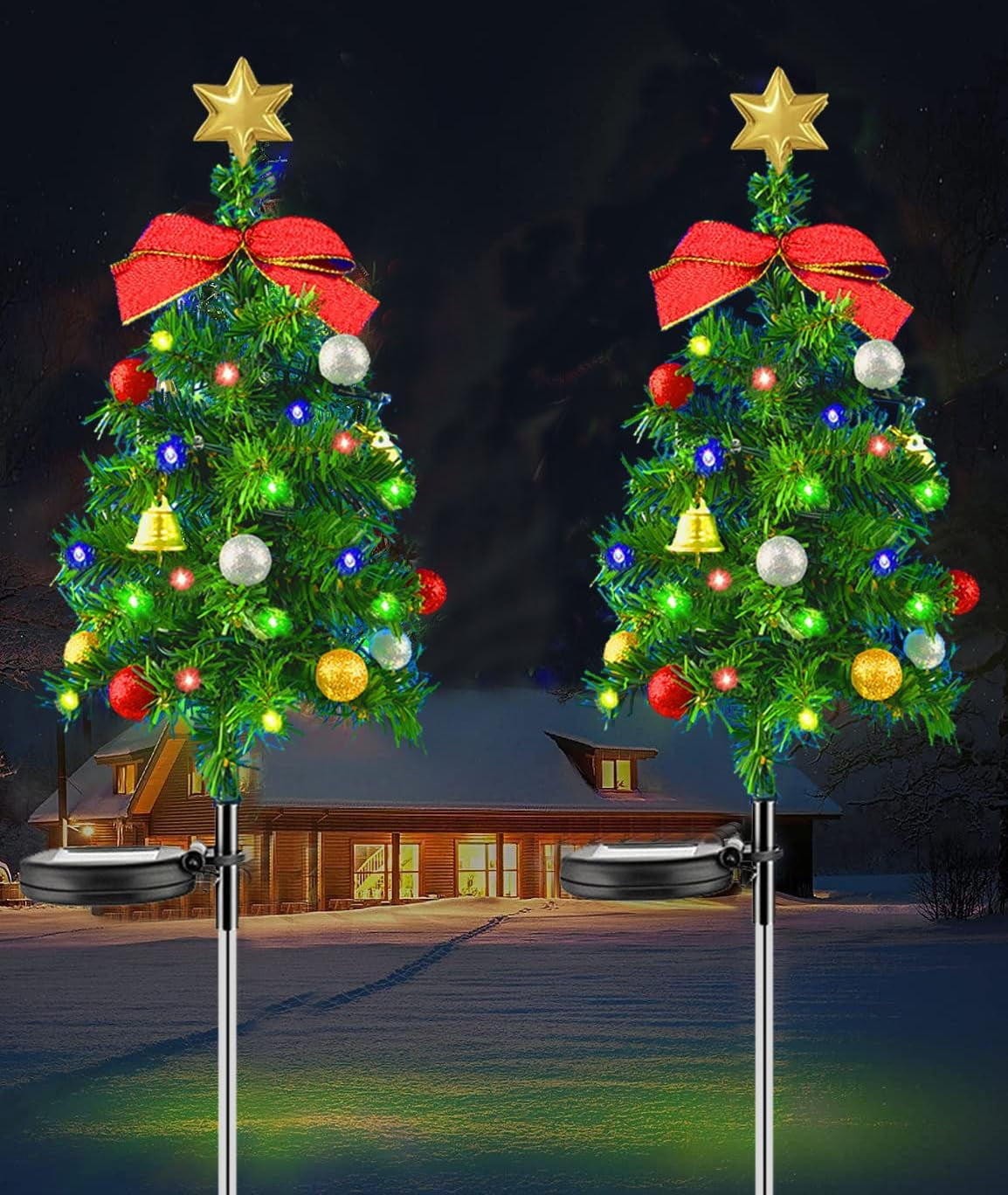 Upgrade 2pc Solar Christmas Trees with Lights, 26.7inch Solar Powered Waterproof Outside Xmas Tree Stake for Unique Outdoor Yard Pathway Garden Grave Decorations LED Christmas Tree Ground Lights
