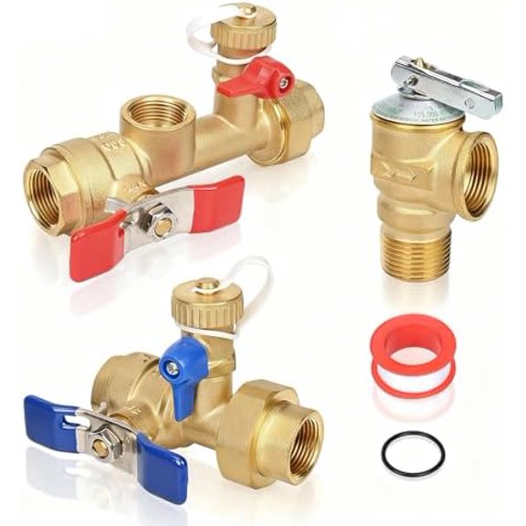 Upgrade 3/4 Inch IPS Isolator Tankless Water Heater Service Valve Kit, Isolation Valve with Pressure Relief Valve, Lead-Free Brass, Compatible with Rheem/Rinnai/EcoSmart/Navien/Noritz/Takagi/Bosch