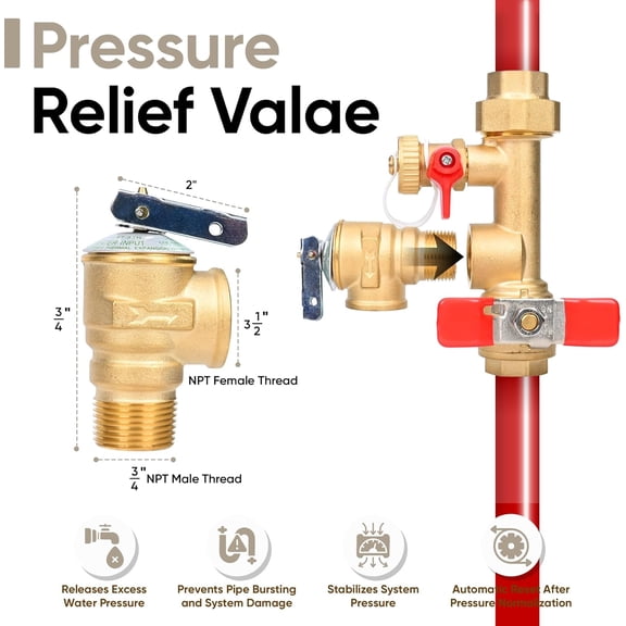 Upgrade 3/4 Inch IPS Isolator Tankless Water  Service Valve Kit, Isolation Valve with Pressure Relief Valve, Lead-Free Brass, Compatible with Rheem/Rinnai/EcoSmart/Navien/Noritz/Takagi/Bosch