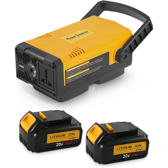 Upgrade 300W Portable Power Supply Inverter Compatible with De*walt 2 Pack 20V Battery 6.0A, DC 20V to AC 110V~120V Modified Sine Wave Power Inverter with AC Outlet and Dual USB Yellow