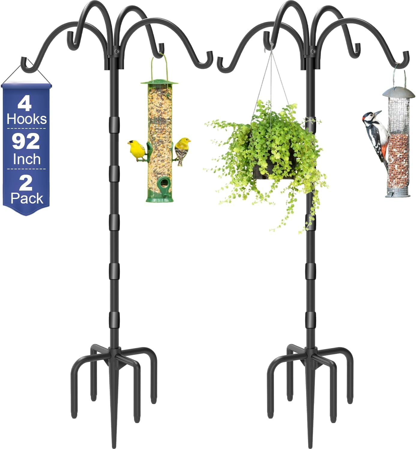 Upgrade 4-Hook Shepherds Hooks for Outdoor with Plastic Tube, 92" Heavy Duty Bird Feeder Pole with 5 Prongs Base, Adjustable Garden Hook for Solar Light, Hanging Plant, Wedding Decor, 2 Pack