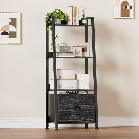 4-Tier Ladder Shelf, Narrow Ladder Bookshelf with Drawer, 48.2" Tall Wood Metal Bookcase with Steel Frame, Storage Rack Display Shelf for Living Room, Home Office, Bedroom