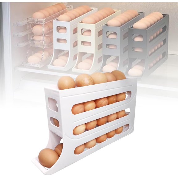 Upgrade 4 Tiers Egg Holder For Fridge, 2024 New 15" Auto Rolling Egg Tray Stackable Space-Saving Refrigerator Egg Holders,Egg Holder For Counter Dispenser For Refrigerator (Gray)