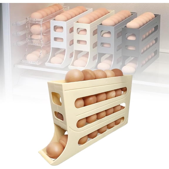 Upgrade 4 Tiers Egg Holder For Fridge, 2024 New 15" Auto Rolling Egg Tray Stackable Space-Saving Refrigerator Egg Holders,Egg Holder For Counter Dispenser For Refrigerator (Gray)