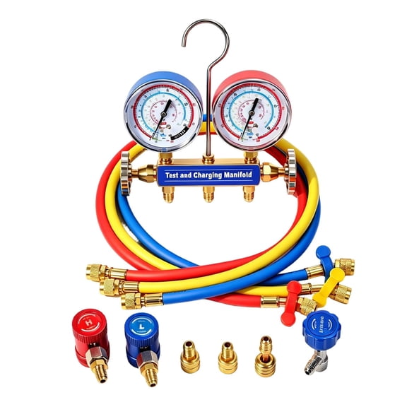 2-Valve HVAC Manifold Gauge Set 42036, A2L Refrigerant Compatible R32 R454B R410A R1234yf, 3-1/8 Inch Large Face Gauges, 60 Inch Color Coded Hoses, Quick Connect Couplers for Residential Commercial A