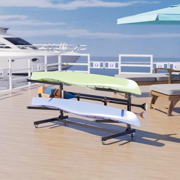 Upgrade 59'' W Outdoor Indoor Kayak Storage Rack with Wheels & Paddle Hook, Heavy Duty Metal Storage Rack for Kayak, Canoe, Surfboard & Paddleboard, Black