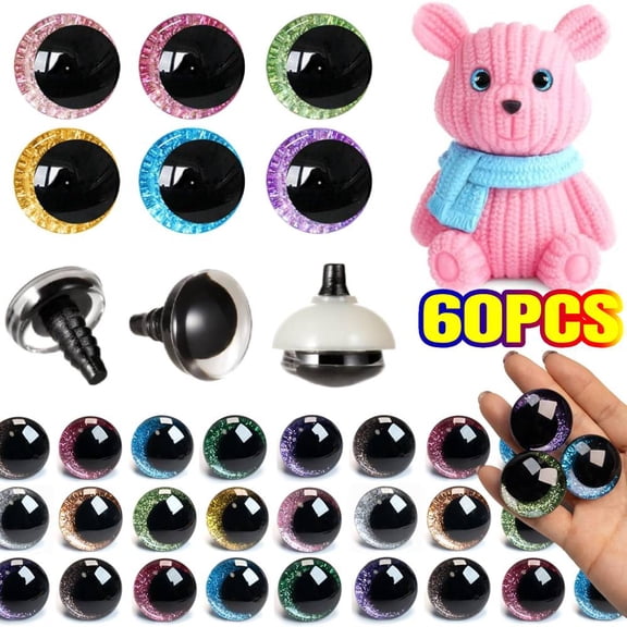 Upgrade 60 Pcs Glitter Safety Eyes 18 mm 3D Safety Eyes for Amigurumi Glitter Eye for Stuffed Animals Large Safety Eyes Crochet for DIY of Puppet, Bear Crafts, Toy Doll Making Supplies