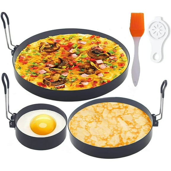 Upgrade 8" Large Omelet Ring,6" Pancake Ring,4" Egg Ring,Large 3 Packs Non-stick Stainless Steel Egg Rings Set,Round Egg Maker Mold Egg Rings for Griddle Frying Eggs with 1 Oil Brush & 1 Egg Separator