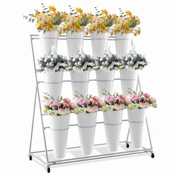 Upgrade Anti-shake 3-Tier Flower Display Stand, Wheeled Heavy Duty Plant Shelf with 12 Plastic Buckets, Multi-layer Fresh Bouquet Rack for Indoor Outdoor Patio Exhibition White