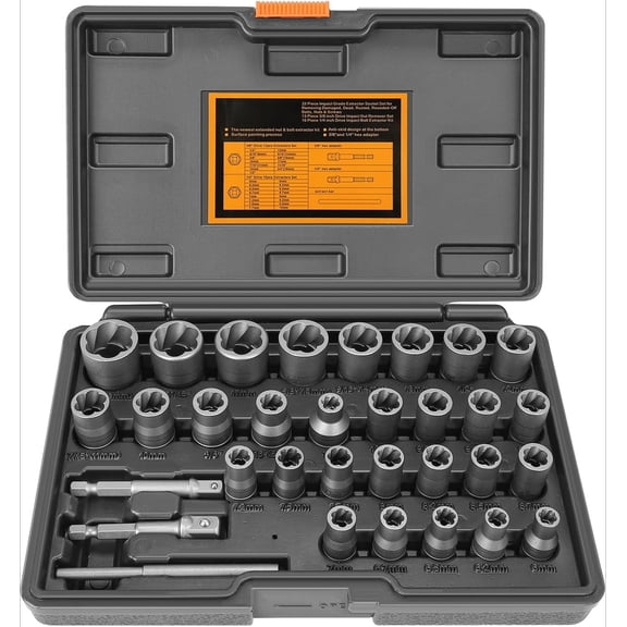 Upgrade Bolt Extractor Kit, 32 Piece Stripped Bolt Extractor Socket Set, Rounded Bolt Remover, Lug Nut Remover with Inch and Inch Adapter for Removing Damaged Frozen Rusted Rounded-Off Bolts Nuts