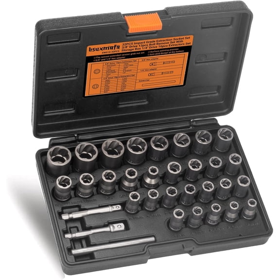 Bolt Extractor Set,1/4" & 3/8" Drive Impact Bolt & Nut Remover Set | Stripped Lug Nut Remover, Extraction Socket Set for Removing Damaged, Frozen, Rusted, Rounded-Off Bolts, Nuts & Screws