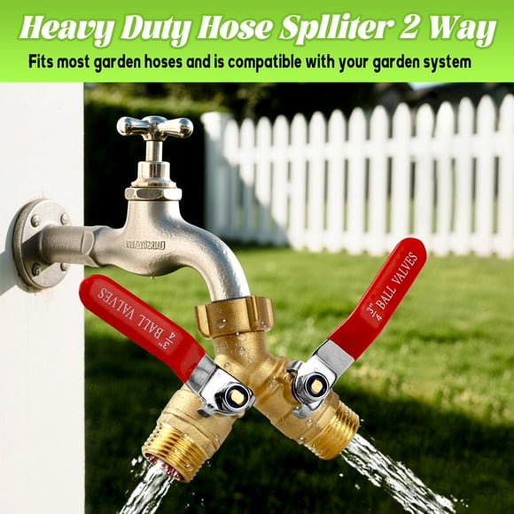 Upgrade Brass Garden Hose Splitter 2 Way Heavy Duty Y Valve With Stainless Steel Long Handle Contained 3 Leakproof Washers and 1 Tape, 3/4" GHT Thread Water Hose Adapter