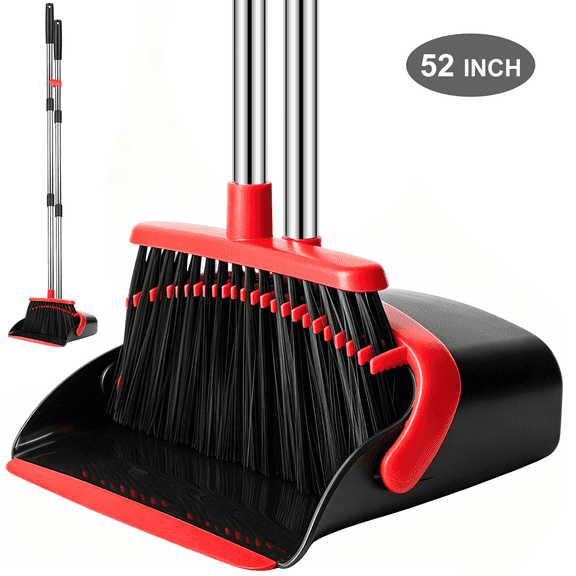 Upgrade Broom and Dustpan Set, TAIMASI Broom with Dustpan Combo with 52" Long Adjustable Handle, Ideal for Indoor Outdoor Garage Kitchen Room Office Lobby Use (Black&Red)