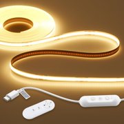 Upgrade COB LED Light Strip 16.4FT USB-C LED Strip Light Uniform Grow 3000K Warm White with IR Remote Dimmable LED Tape Lights for Bedroom Cabinet Kitchen Shelf TV LightsNo Power Adapter