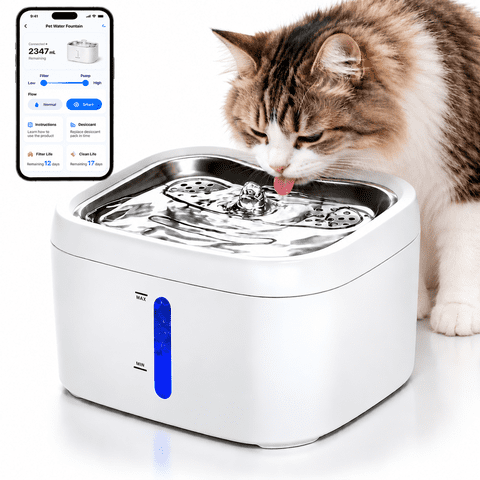 Cat Water Fountain,Cordless Cat Fountain Operated, App Monitoring 2.5L/85oz Pet Water Fountain with Stainless Steel Tray, 5GHz WiFi Dog Water Bowl Dispenser