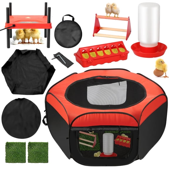 Upgrade Chick Starter Kit, 6-in-1 Chicken Brooder Box for Chicks Includes Pop-Up Chicken Playpen Tent,12 * 12" Heat Brooder Plate, Chicks Feeder, Waterer, Perch & Nesting Pad for Poultry Ducks Quail