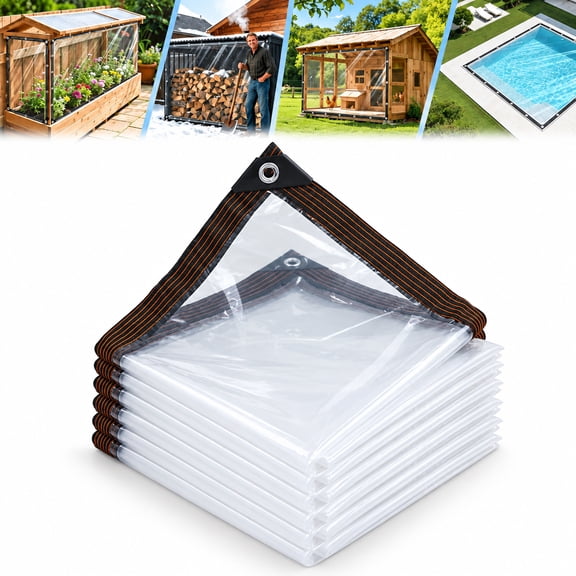Upgrade Clear Waterproof PE Tarp, Heavy Duty Transparent Outdoor Protective Cover with Metal Grommets, Reinforced Tarpaulin for Patio, Greenhouse, Balcony, Woodpile & Chicken Coops