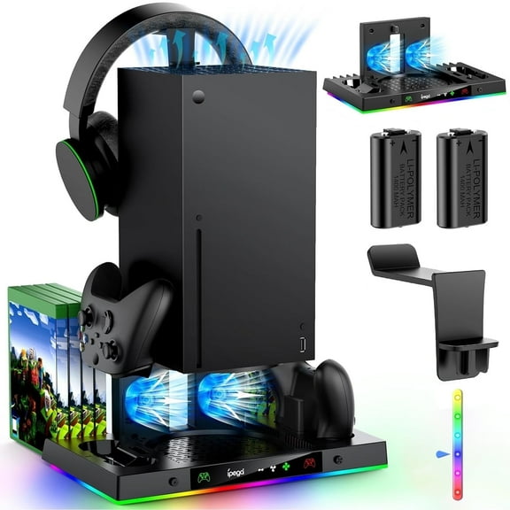 Upgrade Cooling Fan & Dual Charging Stand for Xbox Series X Console &Controller,Cooler Charger Station System for Series X with 15 RGB Lights,2 x 1400mAh Rechargeable Battery,Disc Accessories Storage