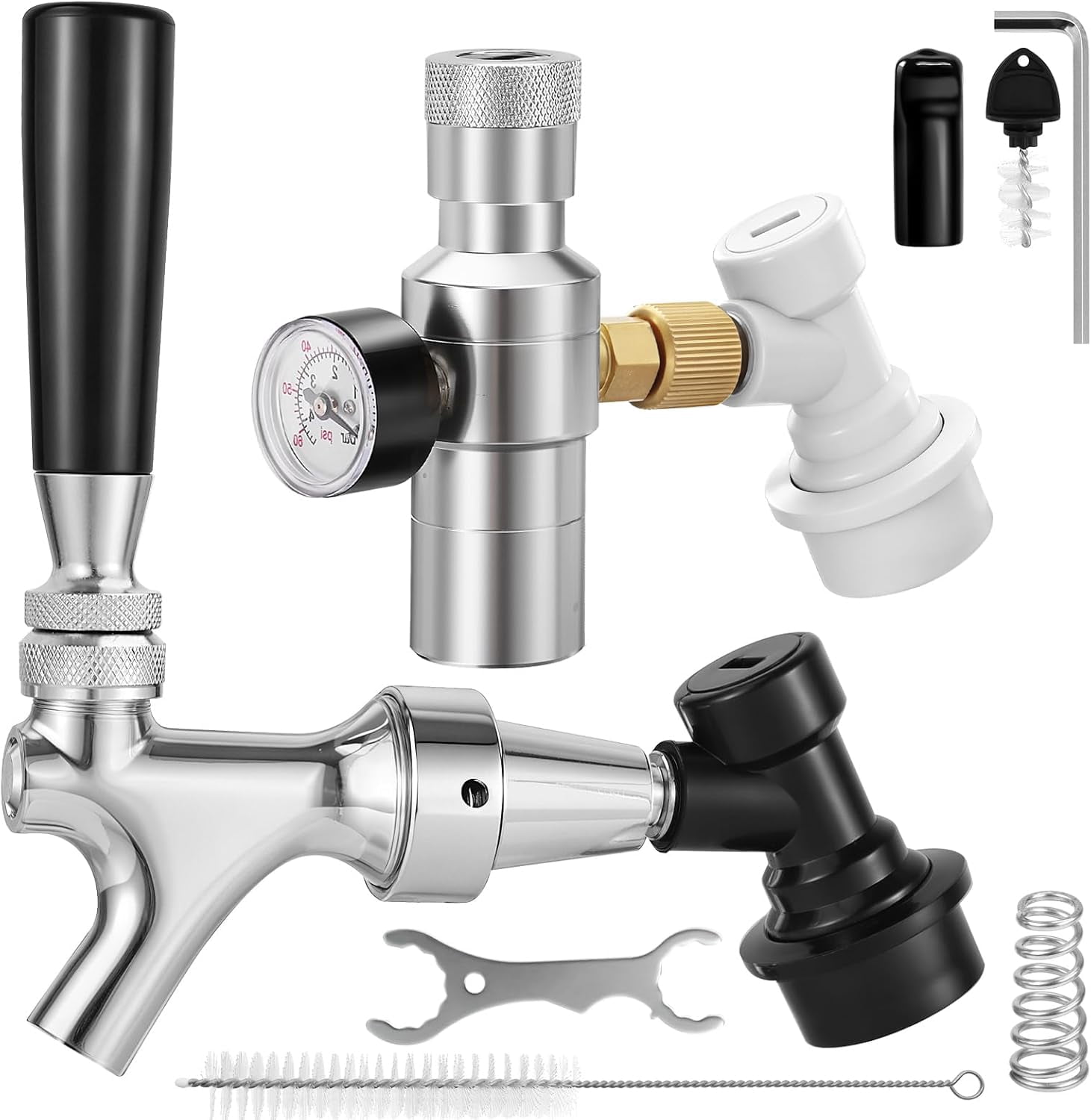 Upgrade Dual-Stage CO2 Regulator & Ball Lock Beer Faucet Set, 0-60PSI Portable Mini Keg Stainless Steel Core Self-Closing with Quick Disconnect for Homebrew, Corny