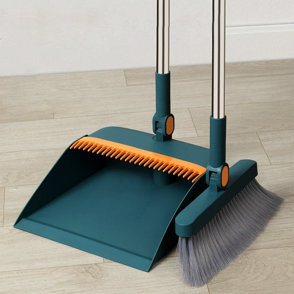 Upgrade Durable Broom and Dustpan Set with 52" Adjustable Long Handle, Stand Up Broom with Dustpan Combo Set for Heavy Duty with Dustpan Teeth to Clean Hair for Home Kitchen Office Hall Floor(Blue)