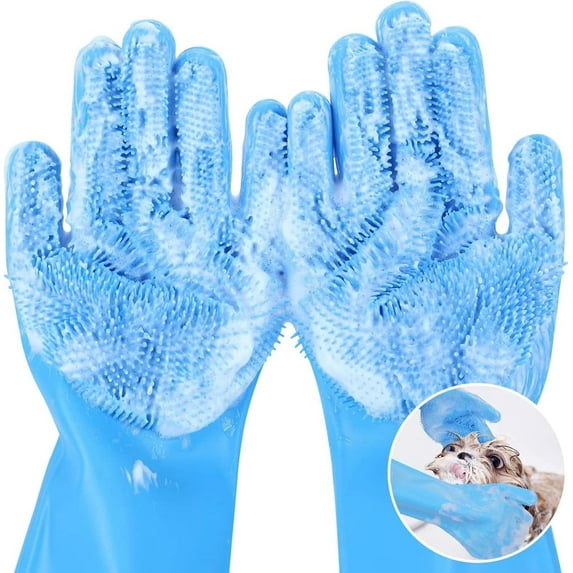 Upgrade Efficient Pet Hair Remover Gloves - Gentle Shedding Brushes for Dogs, Cats & Horses with Long and Short Hair - 1 Pair (Blue)