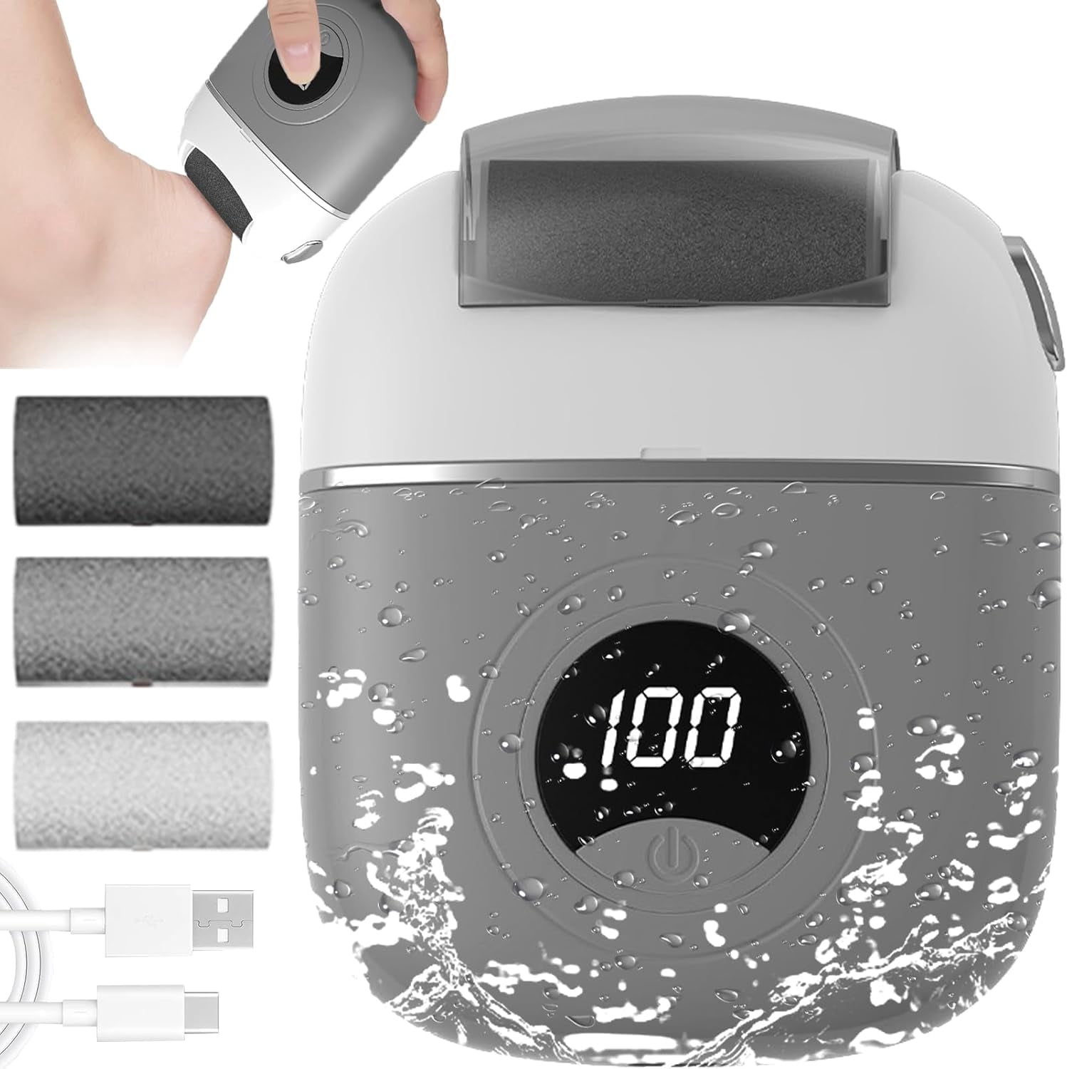 Upgrade Electric Foot File Callus Remover Digital Display 2 Speed With 3 Grinding Heads Foot Exfoliator Scrubber Grey