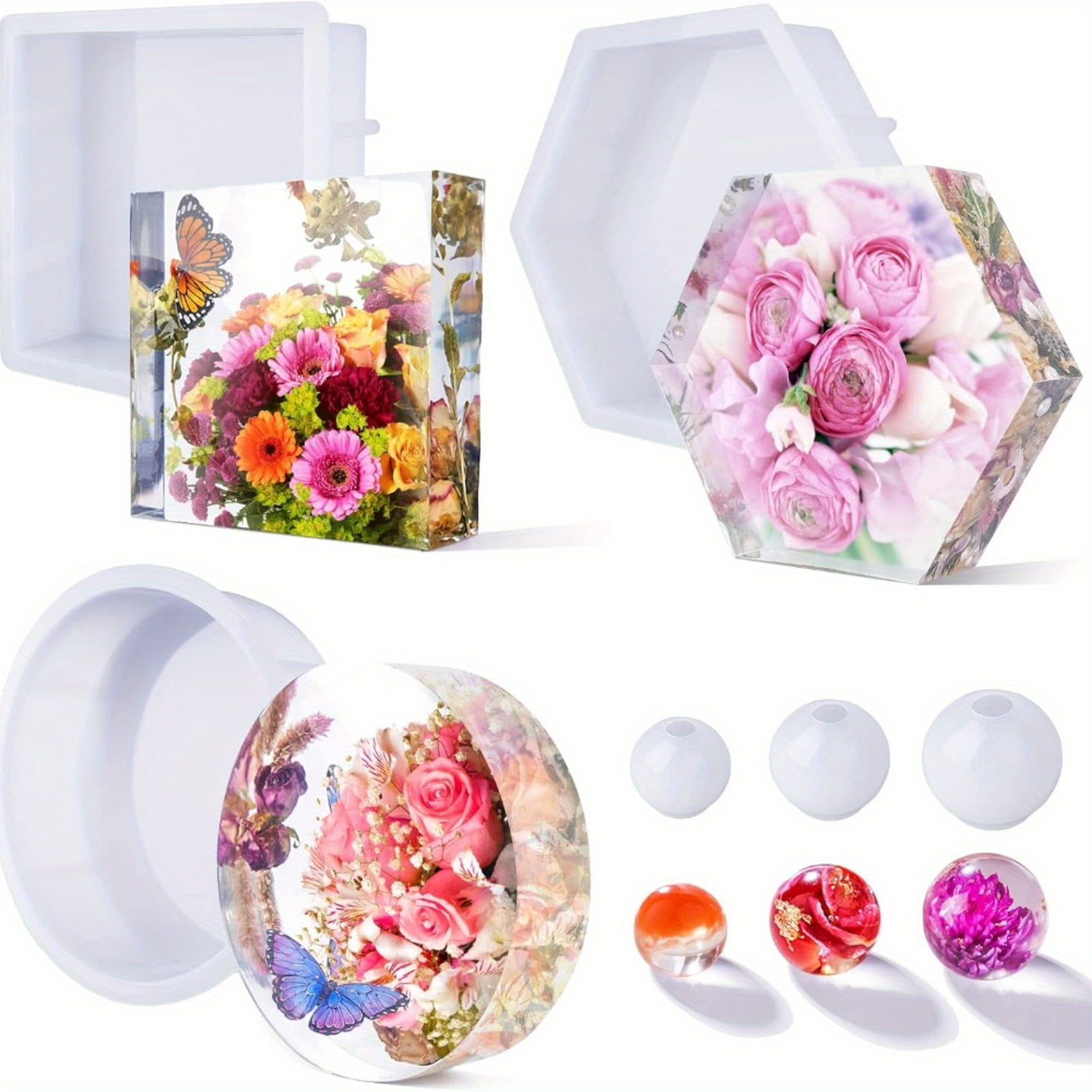 Upgrade Epoxy Resin Molds, Large Resin Molds Silicone for Flower Preservation, Glossy Deep Hexagon Square Round Molds for Epoxy Resin Casting