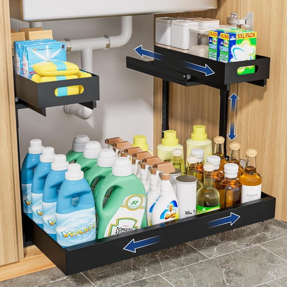 Upgrade Expandable Under Sink Organizer, 2 Tier Metal Under Cabinet Storage with 3 Slide Rails, Height Adjustable, Thickened Pull Out Drawer Shelf for Bathroom, Kitchen, Laundry, Pantry