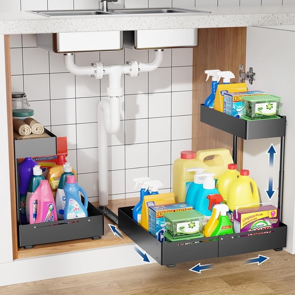 Upgrade Expandable Under Sink Organizer,  Metal Under Cabinet Storage with 3 Slide Rails, Height Adjustable, Thickened Pull Out Drawer Shelf for Bathroom, Kitchen, Laundry, Pantry