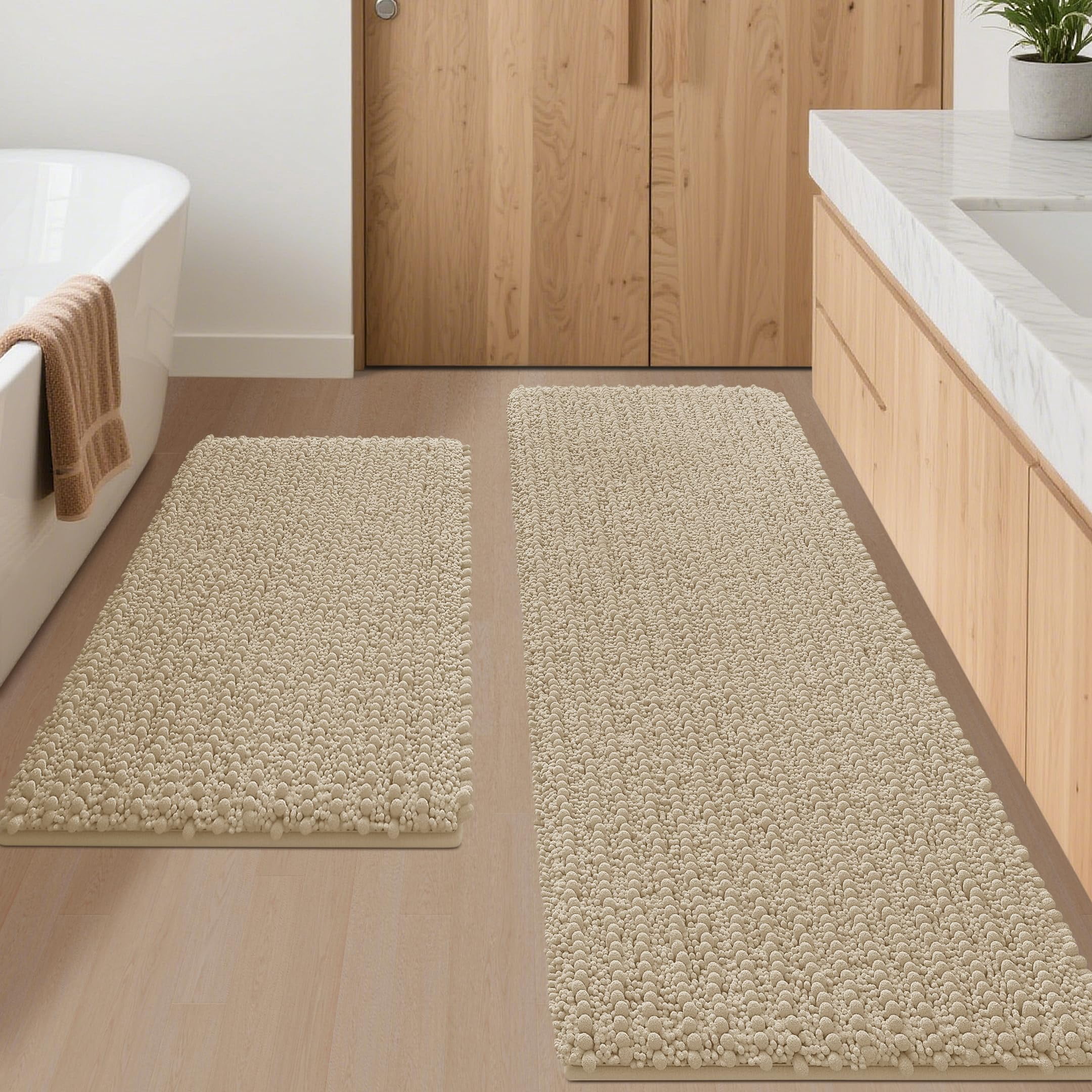 HAKUNA Upgrade Extra Large Beige Bathroom Rug Set 2 Pieces 24"x17"+48"x20" Ultra Soft, Thick Absorbent Bath Mats, Non Slip Chenille Toilet Mat for Bathroom, Bedroom, Kitchen