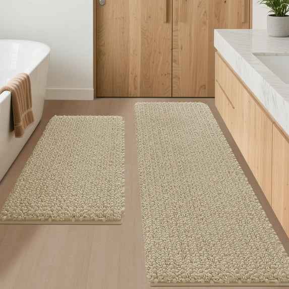 HAKUNA Upgrade Extra Large Beige Bathroom Rug Set 2 Pieces 24"x17"+48"x20" Ultra Soft, Thick Absorbent Bath Mats, Non Slip Chenille Toilet Mat for Bathroom, Bedroom, Kitchen