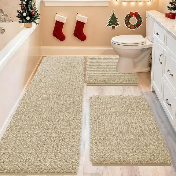 HAKUNA Upgrade Extra Large Beige Bathroom Rug Set 3 Pieces Ultra Soft, Thick Absorbent Bath Mats, Non Slip Chenille Toilet Mat for Bathroom, Bedroom, Kitchen