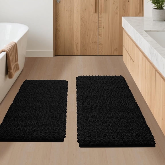 HAKUNA Upgrade Extra Large Black Bathroom Rug Set 2 Pieces 32"x20"+24"x17" Ultra Soft, Thick Absorbent Bath Mats, Non Slip Chenille Toilet Mat for Bathroom, Bedroom, Kitchen