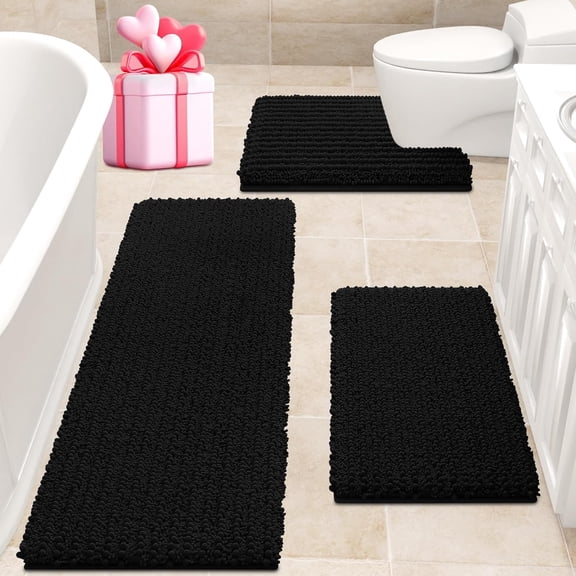 HAKUNA Upgrade Extra Large Black Bathroom Rug Set 3 Pieces Ultra Soft, Thick Absorbent Bath Mats, Non Slip Chenille Toilet Mat for Bathroom, Bedroom, Kitchen