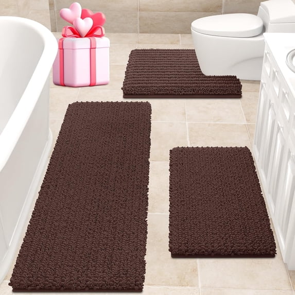 HAKUNA Upgrade Extra Large Brown Bathroom Rug Set 3 Pieces Ultra Soft, Thick Absorbent Bath Mats, Non Slip Chenille Toilet Mat for Bathroom, Bedroom, Kitchen, Dark Coffee