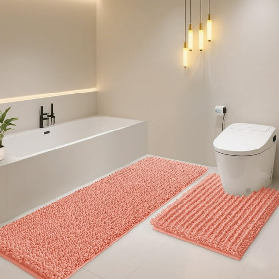 HAKUNA Upgrade Extra Large Coral Bathroom Rug Set 2 Pieces U Shape 24"x20"+48"x20" Ultra Soft, Thick Absorbent Bath Mats, Non Slip Chenille Toilet Mat for Bathroom, Bedroom, Kitchen